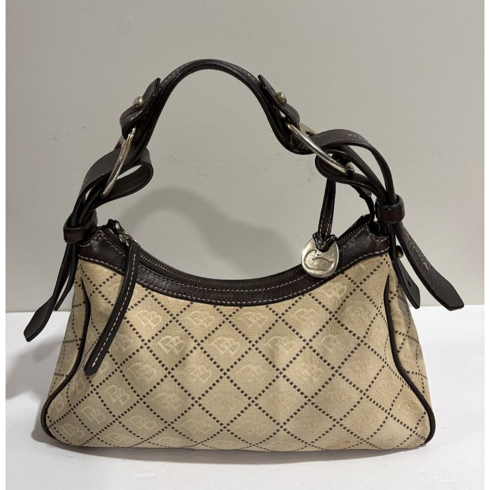 Dooney Bourke Womens Shoulder Bag Signature Beige Canvas Brown Leather Handbag *